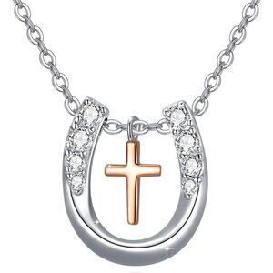 Horse Pendant Necklace Sterling Silver Lucky Horseshoe Heart Gift for Women